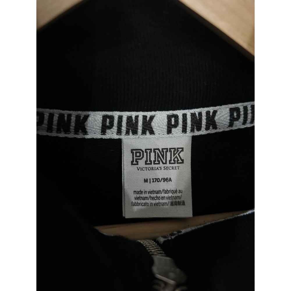 PINK Victoria's Secret Sweatshirt Black Quarter Zip Logo Graphic Pullover M - Picture 6 of 7